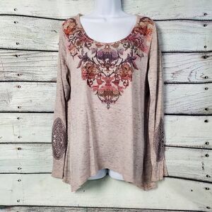 Live and Let Live Women’s XL Beige Boho Embroidered Long Sleeve Top Lace Patch E
